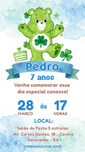 Convite de Aniversário Ursinho da Sorte Verde para Editar
