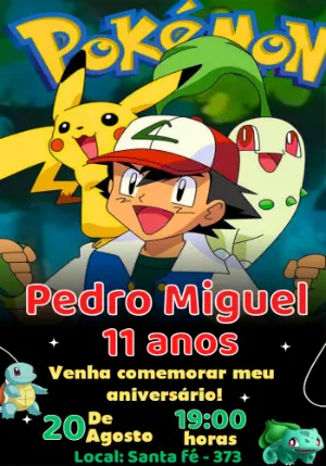 Convite de Aniversário Pokémon com Ash e Pikachu para Editar