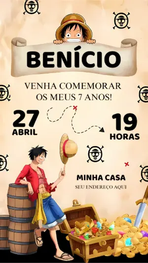 Convite de Aniversário One Piece com Luffy para Editar Online