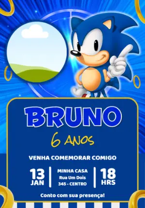 Convite de Aniversário Sonic com Foto para Editar e Enviar