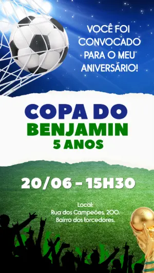 Convite de Aniversário Futebol Copa do Mundo Editável