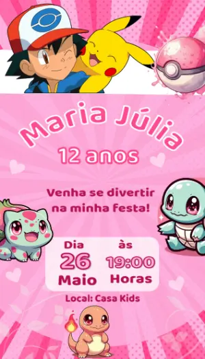 Convite Aniversário Pokémon Rosa com Personagens para Editar