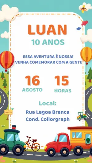 Convite de Aniversário Infantil Carrinhos para Editar Online