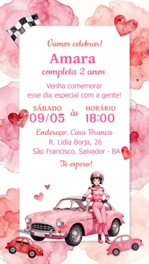Convite Digital Aniversário Carros Rosa Aquarela para Editar