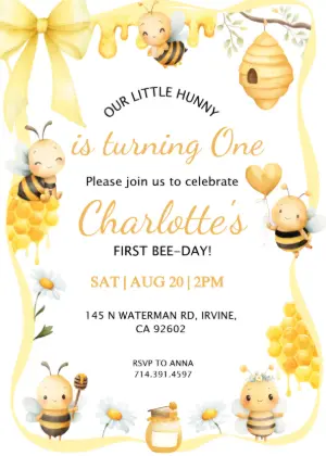 Our Little Hunny Bee Birthday Invitation Editable Template