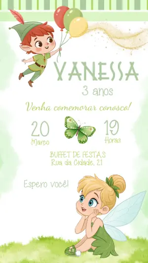 Convite de Aniversário Peter Pan e Sininho Editável Online