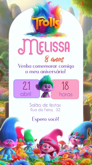 Convite de Aniversário Trolls Colorido para Editar e Enviar