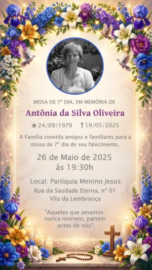 Aviso de Missa de 7º Dia Floral e Elegante Editável