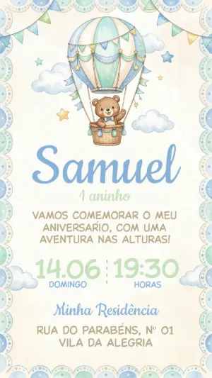Convite de Aniversário Ursinho Baloeiro em Aquarela Editável