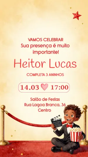 Convite Aniversário Infantil Tema Cinema Editável