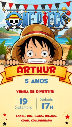 Convite de Aniversário One Piece Editável com Luffy