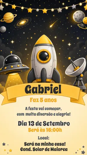 Convite de Aniversário Foguete Espacial | Modelo Digital Editável