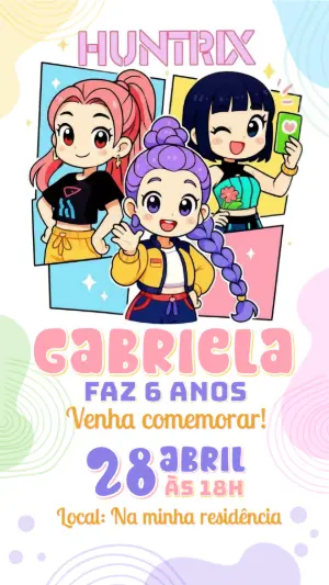 Convite de Aniversário Huntrix K-pop Colorido para Editar