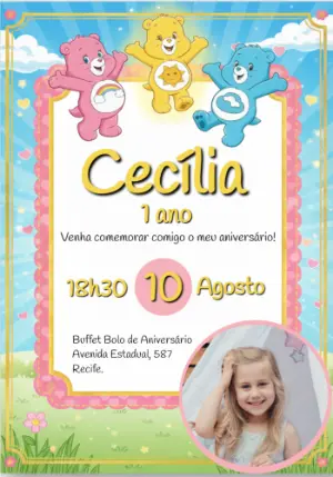 Convite de Aniversário Ursinhos Carinhosos com Foto para Editar