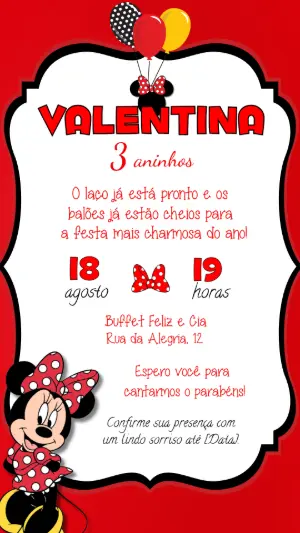 Convite de Aniversário Minnie Vermelha Poá Editável