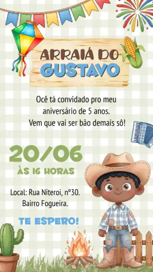 Convite Festa Junina Menino Arraiá Ilustrado Editável