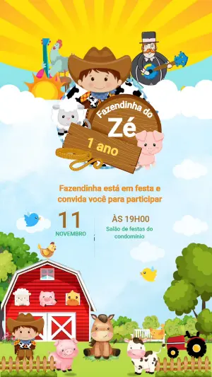 Convite Animado Aniversário Fazendinha Menino para Editar