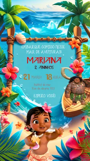 Convite Digital Moana Baby Aniversário Tropical Editável