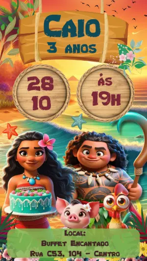 Convite de Aniversário Moana Tropical para Editar Online