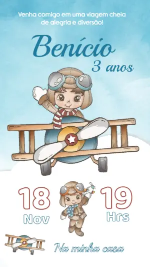 Convite de Aniversário Infantil tema Aviador para Editar Online