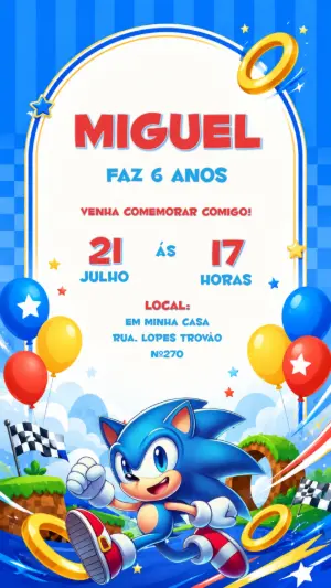 Convite de Aniversário Sonic Jogo Digital para Editar