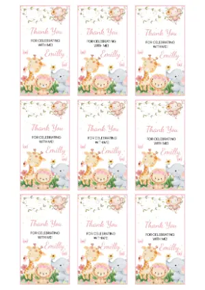 Pink Safari Girl's Birthday Thank You Tag Editable Template