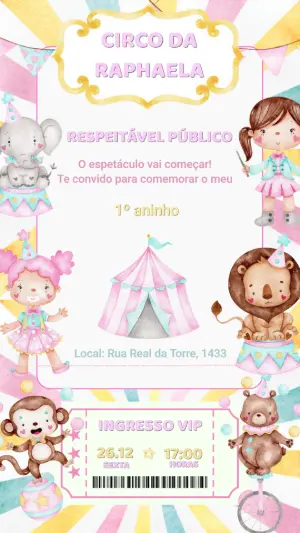 Convite de Aniversário Circo Rosa Fofo para Editar Online