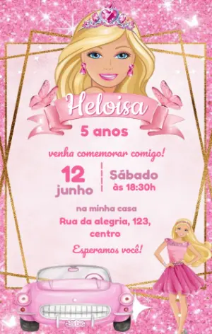 Convite de Aniversário Barbie Princesa Rosa com Glitter Editável