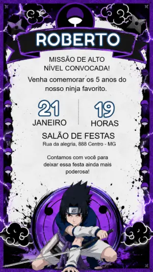 Convite de Aniversário Sasuke Uchiha do Naruto Editável