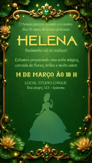 Convite de 15 Anos Princesa Tiana Editável