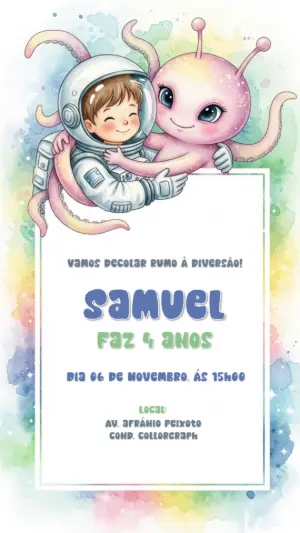 Convite Aniversário Astronauta e Alien para Editar Online