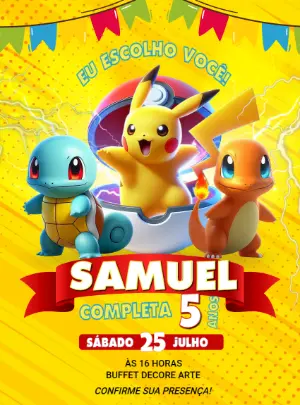 Convite de Aniversário Pokémon com Personagens para Editar Online