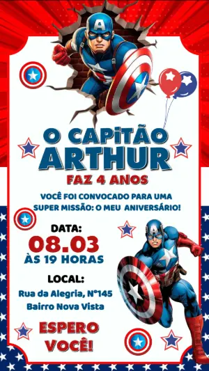 Convite de Aniversário Capitão América para Editar Online