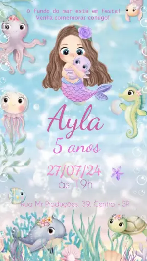 Convite Animado Aniversário Sereia Fundo do Mar para Editar