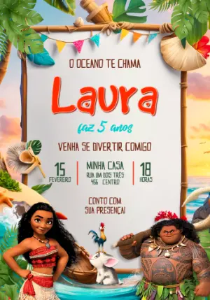 Convite de Aniversário Moana Tropical para Editar Online