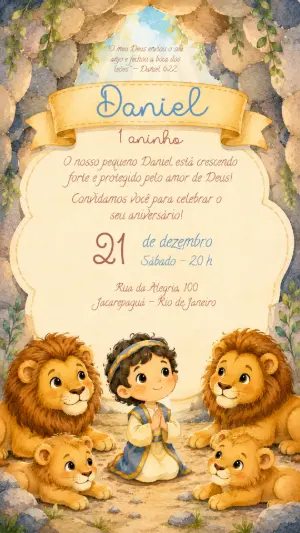 Convite Aniversário Religioso Daniel e os Leões Editável
