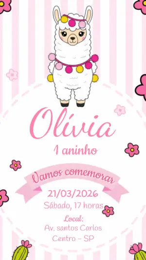 Convite Digital Aniversário Infantil Lhama Rosa Editável