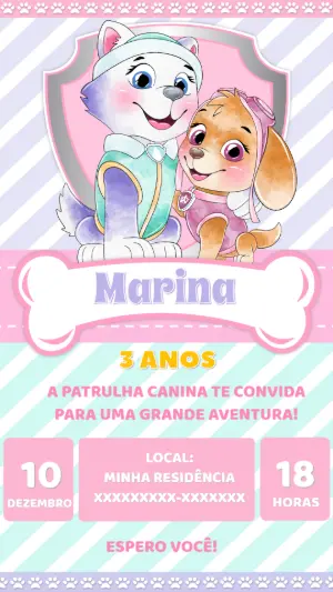 Convite Aniversário Patrulha Canina Menina para Editar Online