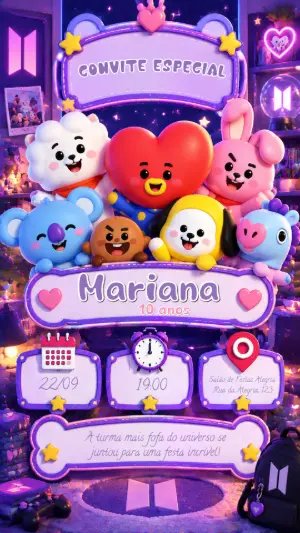 Convite de Aniversário BT21 Lilás | Modelo Digital Editável