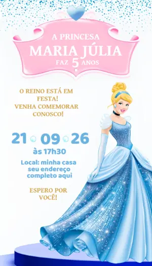 Convite de Aniversário Cinderela Modelo Digital para Editar