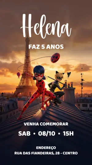 Convite de Aniversário Miraculous Ladybug e Cat Noir para Editar