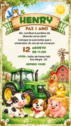 Convite de Aniversário Fazendinha com Trator Editável