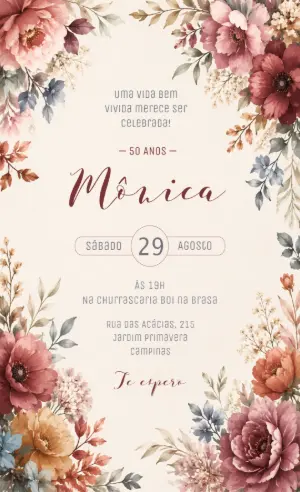 Convite de Aniversário Feminino Floral Elegante para Editar