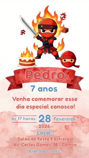 Convite de Aniversário Infantil Tema Ninja Vermelho para Editar