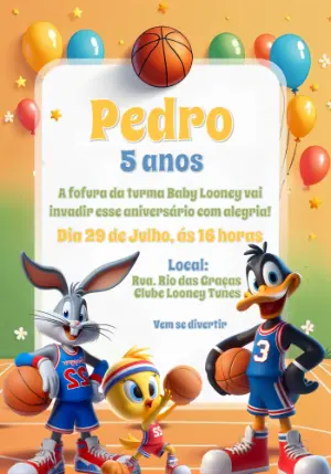 Convite Aniversário Baby Looney Tunes Basquete para Editar Online