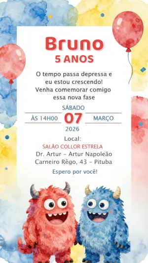Convite de Aniversário Monstrinhos Aquarela para Editar