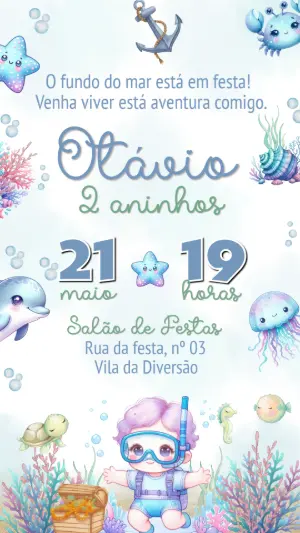 Convite de Aniversário Fundo do Mar Infantil Editável