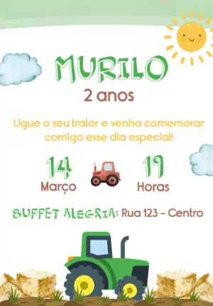 Convite de Aniversário Trator Fazendinha Editável para Menino
