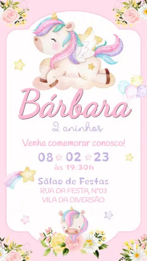 Convite de Aniversário Unicórnio Fofo Aquarela para Editar