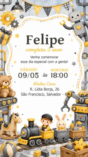 Convite de Aniversário Fábrica de Brinquedos Editável